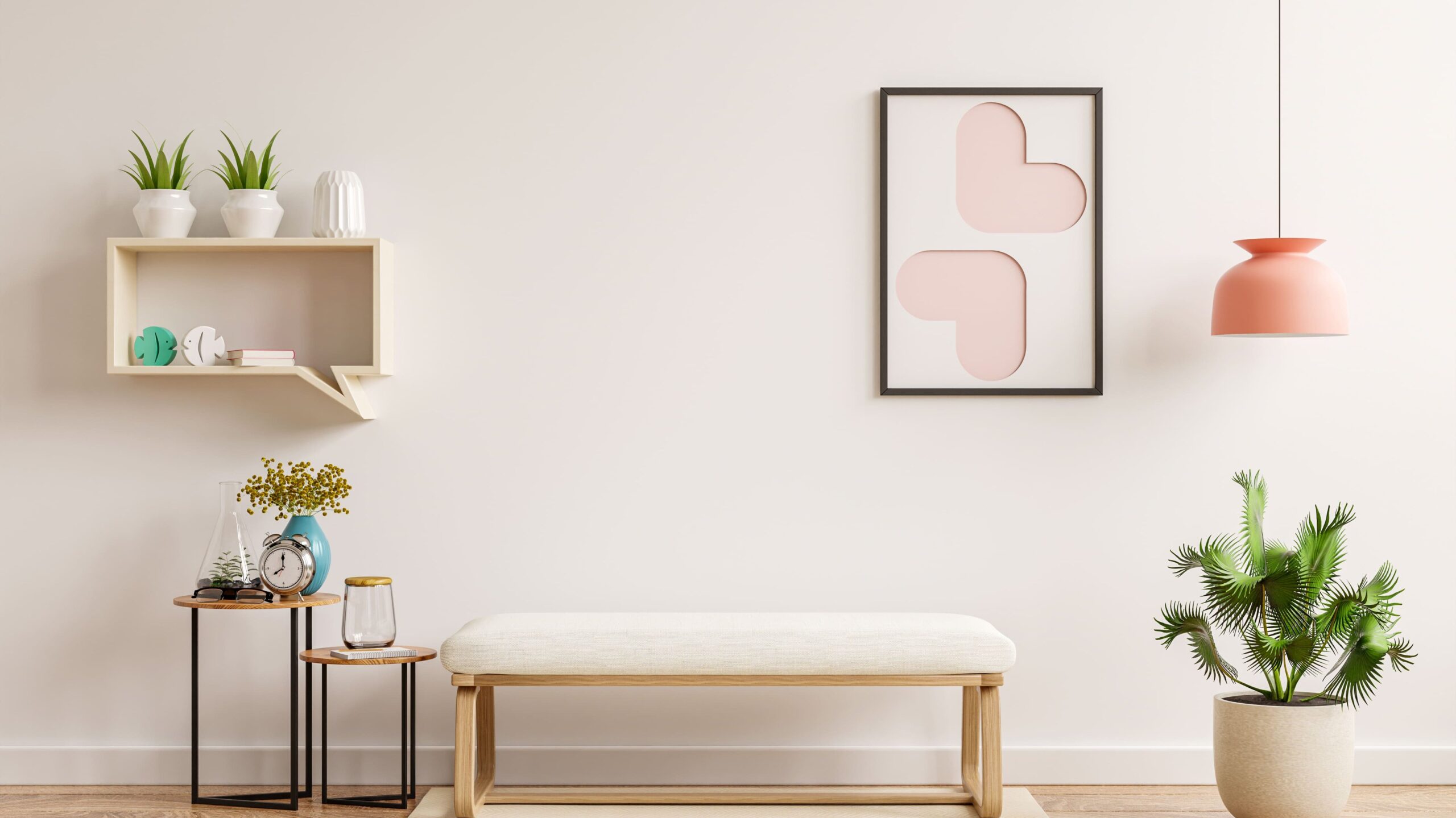 Imagem com ambiente minimalista. Á esquerda há um nicho com objetos de decoração, como um vaso de plantas. AO centro, um banco com estofado branco. à direita, há um vaso de plantas. Na parede, há um quadro abstrato com dois corações na diagonal, um em cima e outro em baixo. A moldura é preta.