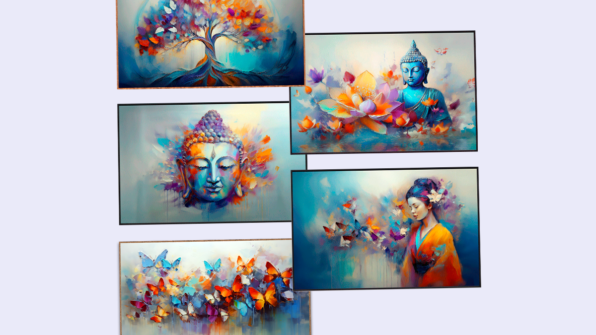 Quadros da Linha Melodia Azul: árvore da vida, buda e flor de lótus, mulher e borboletas, a face de buda e borboletas coloridas.